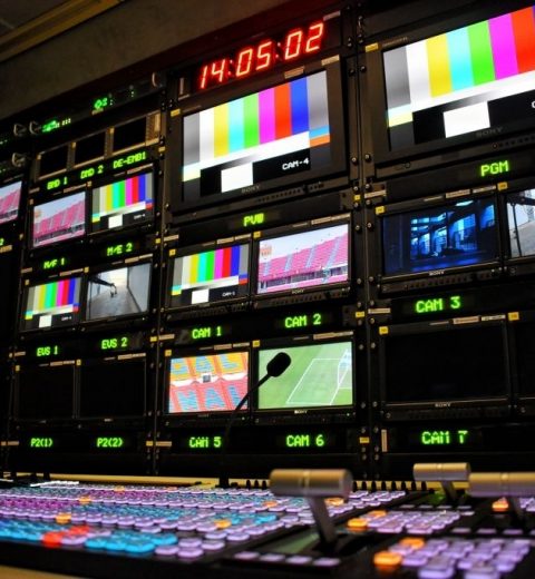 Equipment in outside broadcasting van for live TV broadcast and production of television programs.